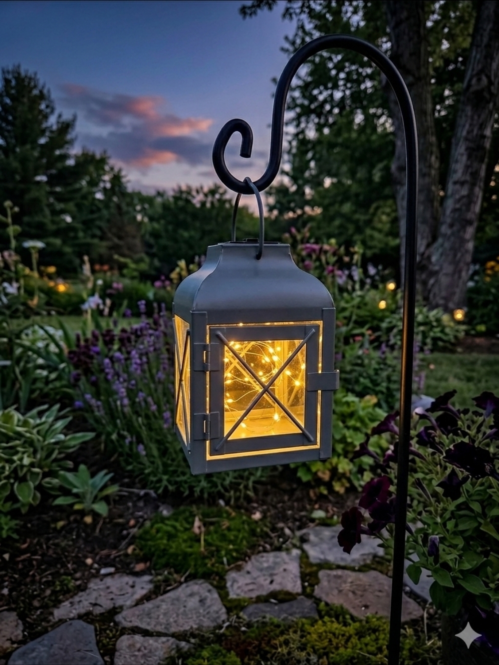 NWT Grey Solar Metal Lantern with Micro Dot LEDs